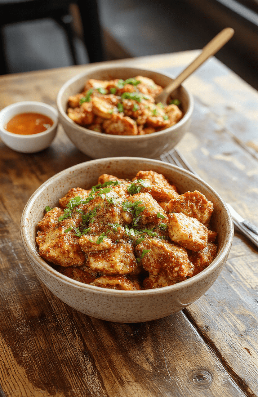 Vibrant bang bang chicken bowls featuring crispy grilled chicken coated in spicy-sweet sauce, topped with fresh scallions and crunchy vegetables, beautifully plated with colorful garnishes, on a rustic wooden table with a casual dining setup.
