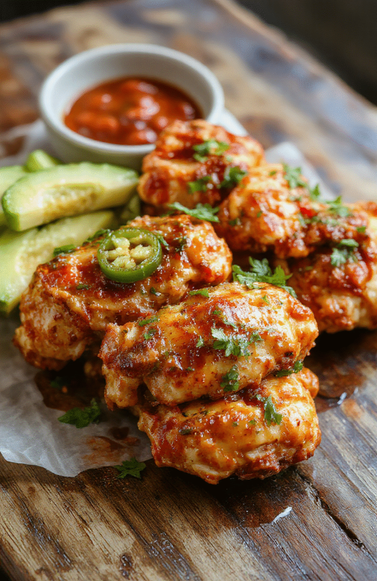 A vibrant plate of spicy jalapeño chicken featuring golden-brown grilled chicken topped with sliced jalapeños and fresh herbs, served with a side of colorful vegetables. The dish is attractively arranged on a rustic wooden table, highlighting the spicy heat and juicy texture of the chicken, with a slight glaze glistening under natural light, creating an appetizing and inviting presentation.