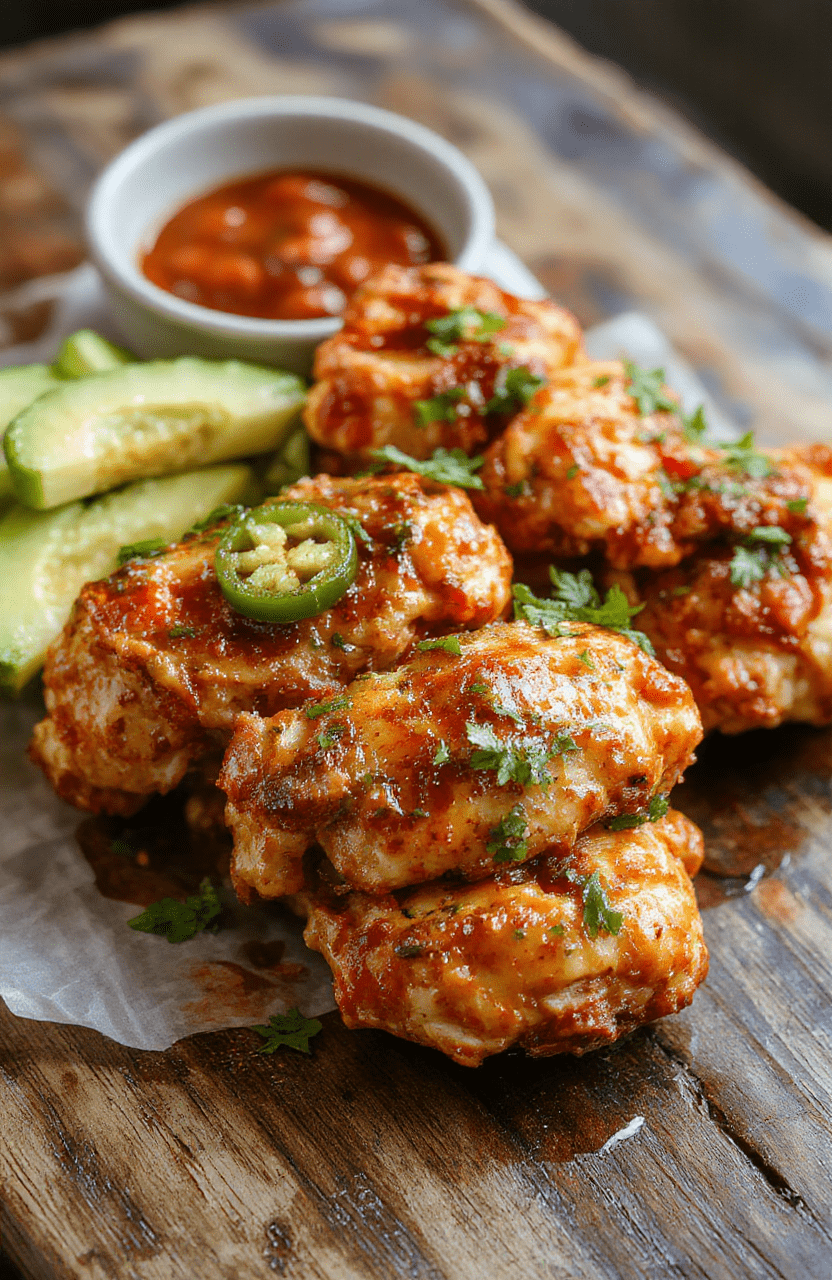 A vibrant plate of spicy jalapeño chicken featuring golden-brown grilled chicken topped with sliced jalapeños and fresh herbs, served with a side of colorful vegetables. The dish is attractively arranged on a rustic wooden table, highlighting the spicy heat and juicy texture of the chicken, with a slight glaze glistening under natural light, creating an appetizing and inviting presentation.