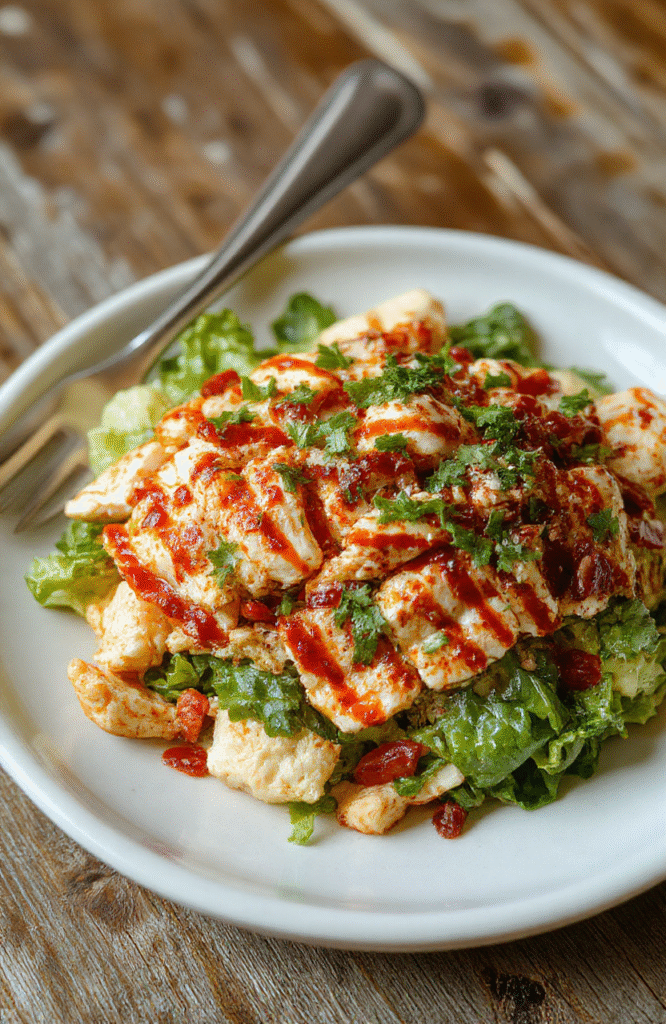 A vibrant plate of spicy southwest chicken salad featuring juicy grilled chicken strips, colorful bell peppers, corn, black beans, and fresh greens drizzled with a zesty sauce. The dish is styled with a rustic wooden table and fresh cilantro garnish, showcasing textures from crisp vegetables and tender chicken, with a focus on warm, appetizing colors and inviting presentation.