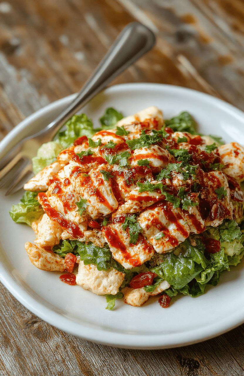 A vibrant plate of spicy southwest chicken salad featuring juicy grilled chicken strips, colorful bell peppers, corn, black beans, and fresh greens drizzled with a zesty sauce. The dish is styled with a rustic wooden table and fresh cilantro garnish, showcasing textures from crisp vegetables and tender chicken, with a focus on warm, appetizing colors and inviting presentation.