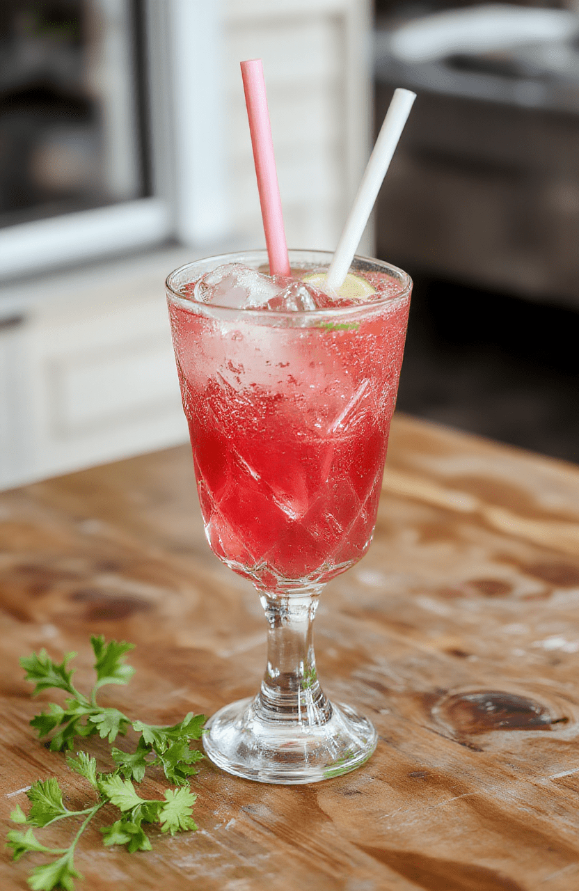 A vibrant pink Starbucks Pink Flamingo Refresher in a clear glass with ice, garnished with lime slices and fresh mint, set on a colorful summer-themed table with tropical elements, featuring a textured background and soft natural lighting to emphasize the refreshing look.