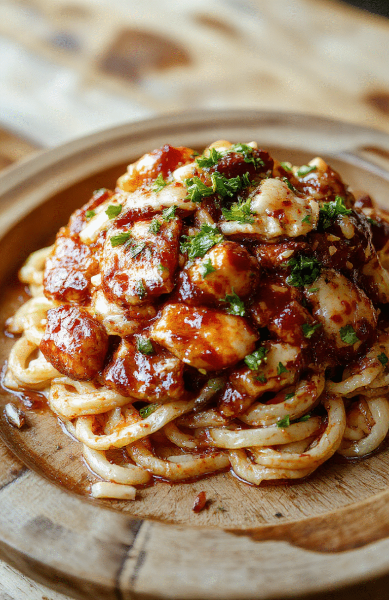 A vibrant plate of sticky garlic chicken noodles with golden fried chicken pieces, glossy garlic sauce, and garnished with chopped green onions and sesame seeds on a rustic wooden plate.