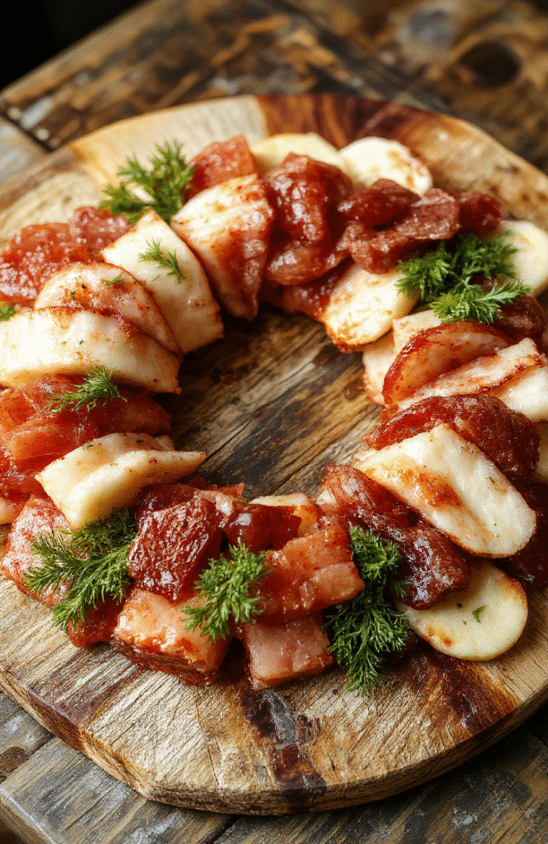 A vibrant charcuterie wreath with assorted cured meats, cheeses, fresh herbs, and colorful accompaniments arranged in a circular pattern on a rustic wooden board, with a focus on textures and vivid colors, styled for an elegant presentation