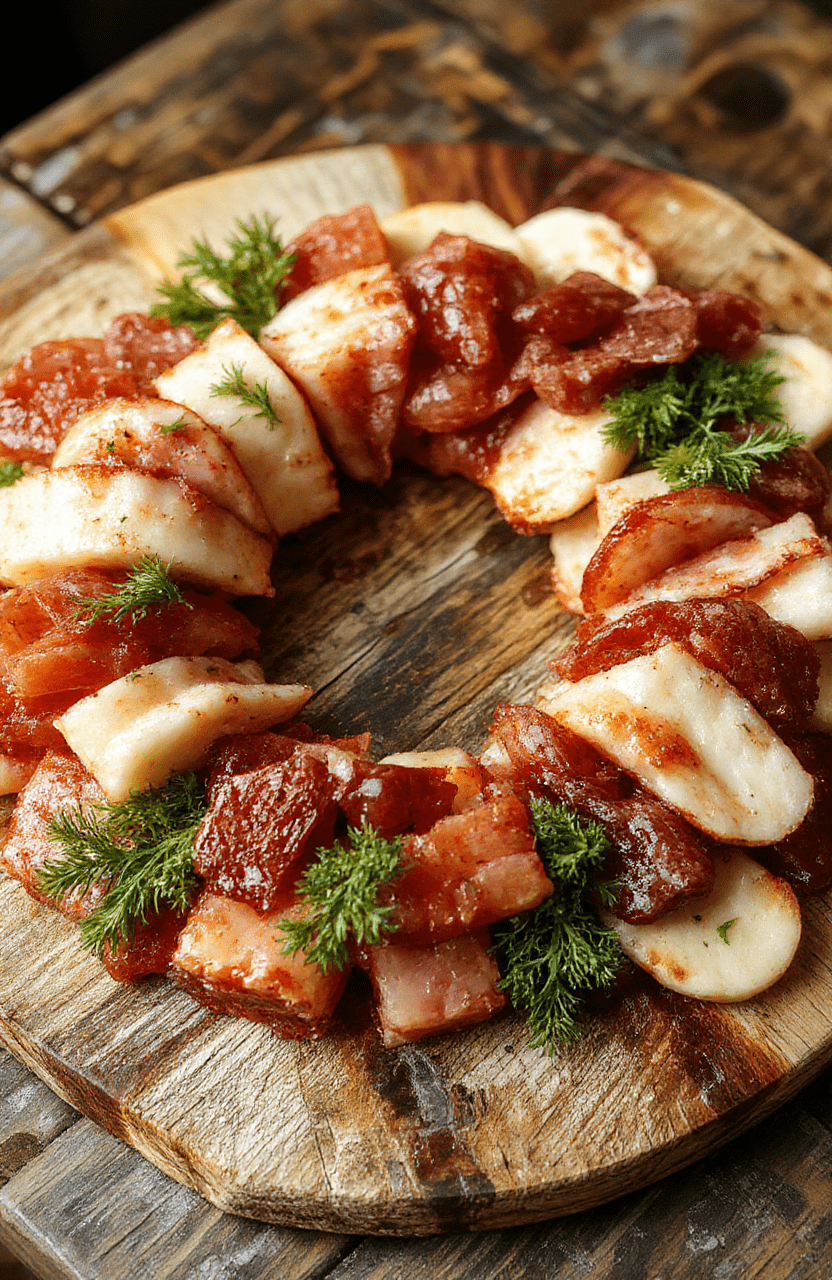 A vibrant charcuterie wreath with assorted cured meats, cheeses, fresh herbs, and colorful accompaniments arranged in a circular pattern on a rustic wooden board, with a focus on textures and vivid colors, styled for an elegant presentation