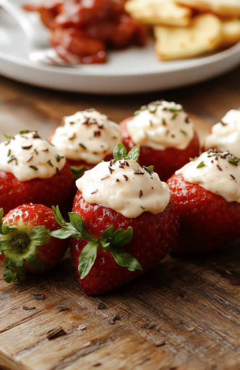 A close-up of vibrant red strawberries halved and filled with a smooth, creamy filling, garnished with sprinkles and herbs, arranged on a white platter with a blurred background of colorful party decor, showcasing the glossy fruit and luscious filling textures.