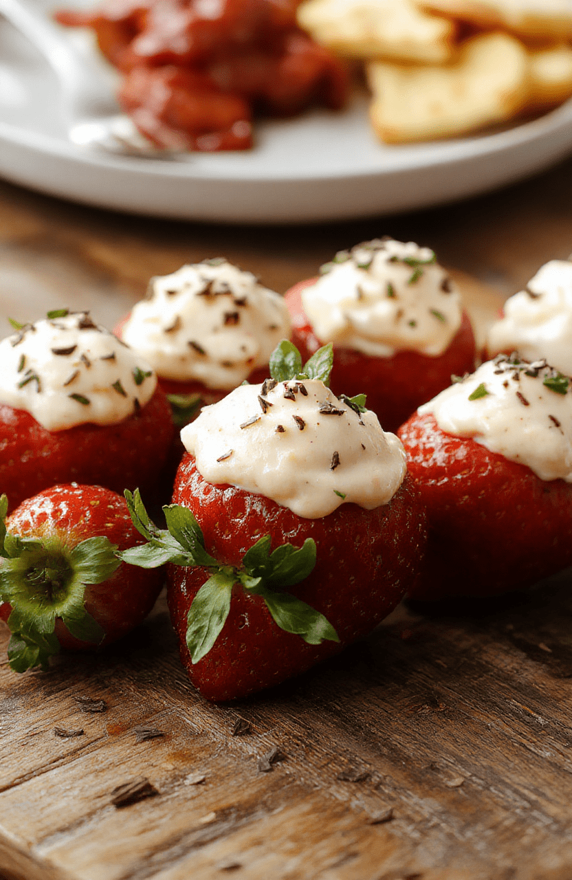 A close-up of vibrant red strawberries halved and filled with a smooth, creamy filling, garnished with sprinkles and herbs, arranged on a white platter with a blurred background of colorful party decor, showcasing the glossy fruit and luscious filling textures.