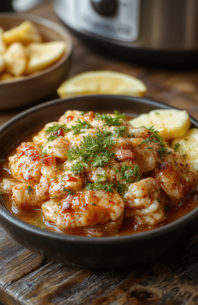 A vibrant plate featuring tender shredded chicken coated in a glossy pineapple glaze, garnished with green onions and sesame seeds, served on a rustic wooden platter with pineapple chunks and colorful bell peppers beside it, highlighting textures from moist chicken to crisp vegetables, styled in a casual, inviting setup.
