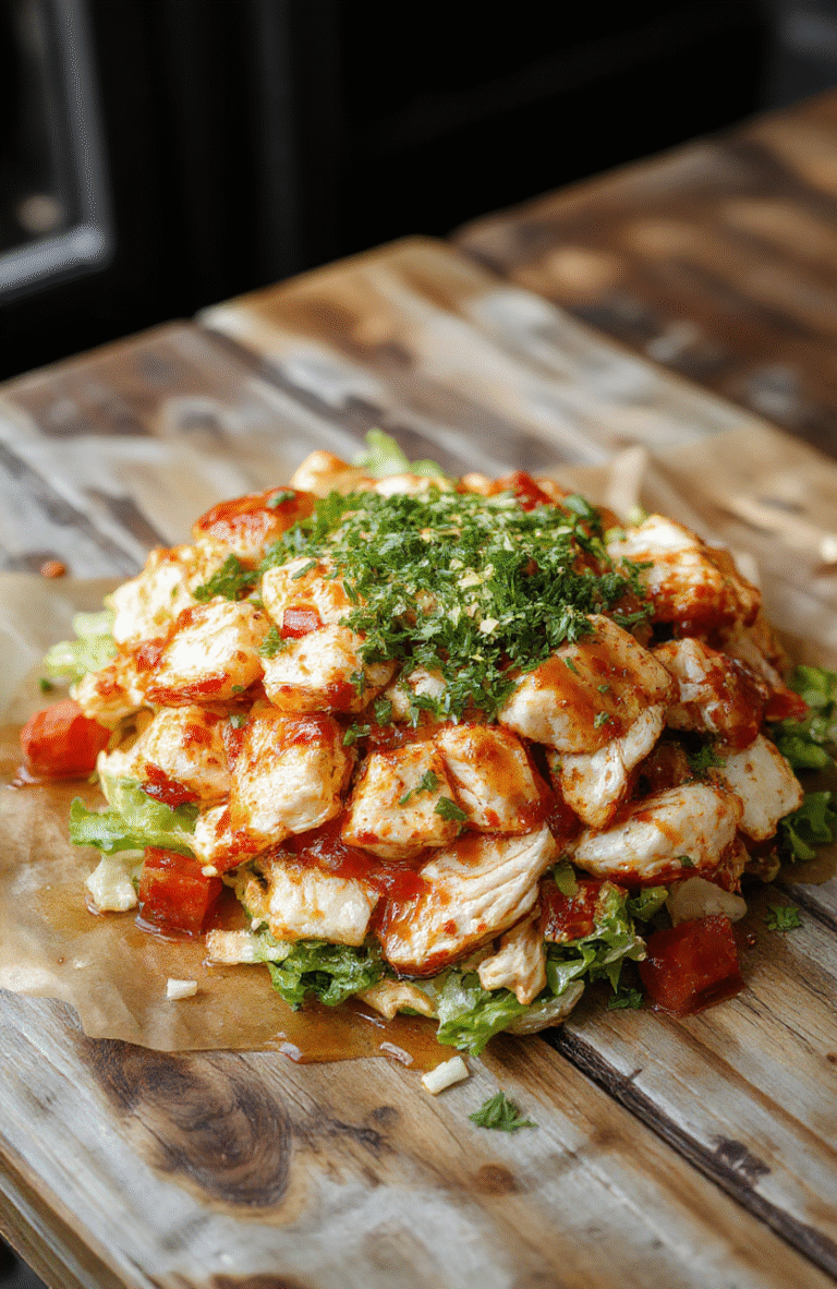 A vibrant bowl of honey hot chicken salad featuring golden-brown crispy chicken pieces coated in a glossy honey glaze, topped with chopped fresh herbs and thinly sliced vegetables, served on a rustic wooden table with bright natural lighting highlighting the glossy sauce and fresh ingredients.