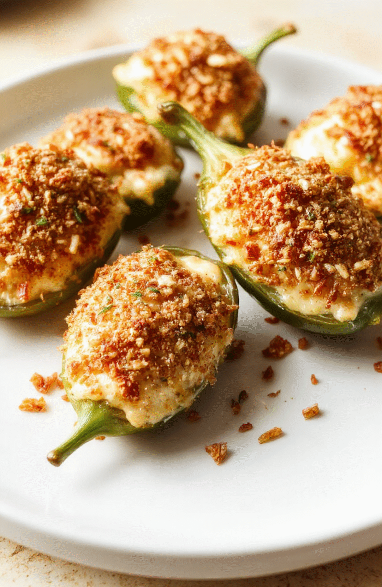 Vibrant green jalapeño peppers halved and filled with creamy cheese, topped with crispy breadcrumbs, all arranged on a white plate. The peppers are glazed with oil and sprinkled with finely chopped herbs. The background is softly blurred with a neutral kitchen surface, showing a hint of natural light which enhances the crunchy and cheesy textures, creating an inviting and appetizing scene.