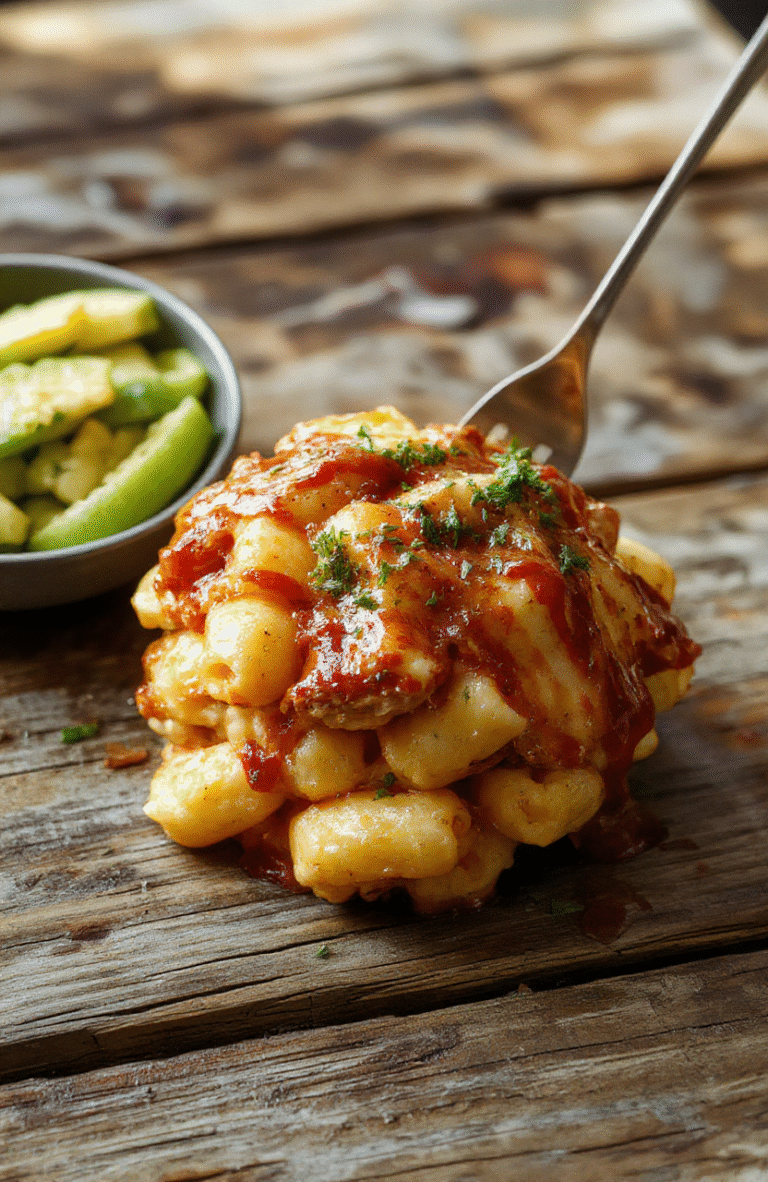 A vibrant plate featuring creamy mac and cheese topped with shredded barbecue chicken, garnished with chopped green onions on a rustic wooden table. The dish has a golden, cheesy crust and smoky barbecue sauce drizzled over the top, alongside a side of fresh green herbs and a fork ready for tasting. Bright lighting highlights the gooey textures and colorful presentation.