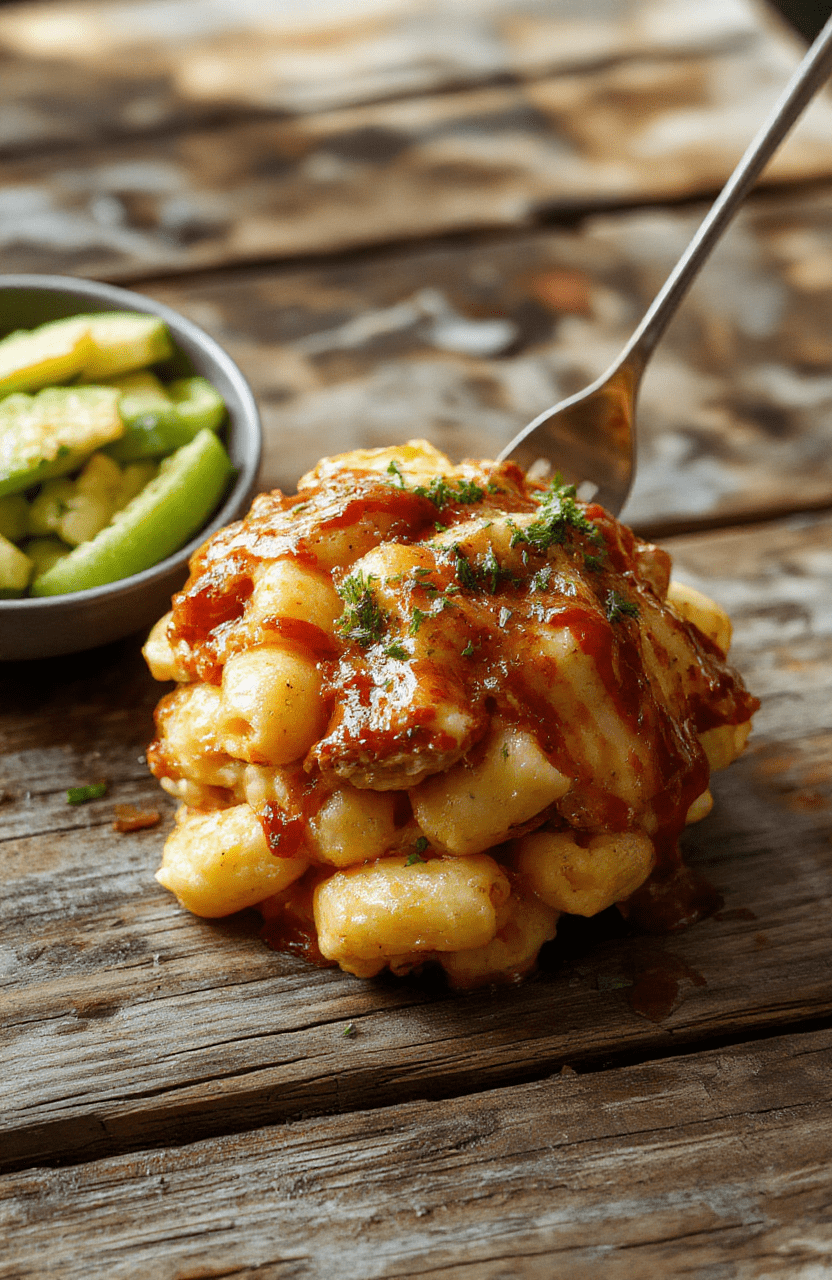 A vibrant plate featuring creamy mac and cheese topped with shredded barbecue chicken, garnished with chopped green onions on a rustic wooden table. The dish has a golden, cheesy crust and smoky barbecue sauce drizzled over the top, alongside a side of fresh green herbs and a fork ready for tasting. Bright lighting highlights the gooey textures and colorful presentation.