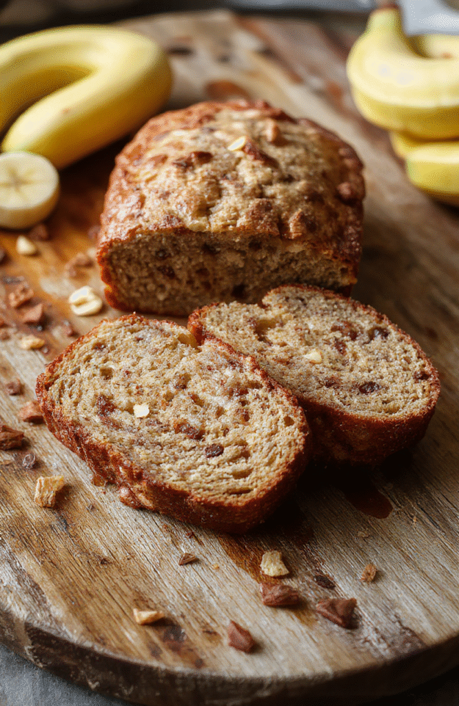 A golden-brown, moist banana bread sliced open to reveal a soft, fluffy interior with specks of ripe banana, presented on a rustic wooden serving board. The bread is garnished with fresh banana slices and a drizzle of honey, with a cozy kitchen background featuring natural daylight, soft shadows, and a casual style.