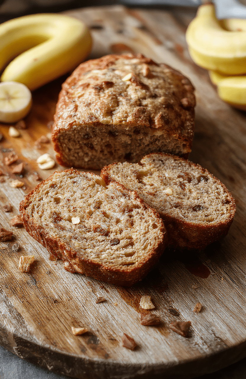A golden-brown, moist banana bread sliced open to reveal a soft, fluffy interior with specks of ripe banana, presented on a rustic wooden serving board. The bread is garnished with fresh banana slices and a drizzle of honey, with a cozy kitchen background featuring natural daylight, soft shadows, and a casual style.