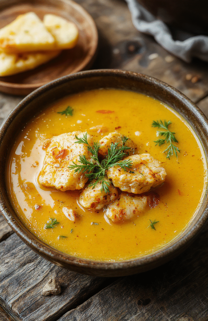A vibrant bowl of golden turmeric chicken soup topped with fresh herbs and pepper, presented on a rustic wooden table. The soup has a smooth, slightly creamy texture with chunks of tender chicken and colorful vegetables. Soft natural daylight highlights the warm tones of the soup, styled casually with a spoon placed beside the bowl.