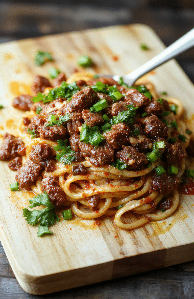 Glossy brown ground beef spaghetti tossed with al dente spaghetti in a light soy-garlic-ginger glaze, scattered with sesame seeds and sliced green onions, served in a white ceramic bowl with a lemon wedge on the side.