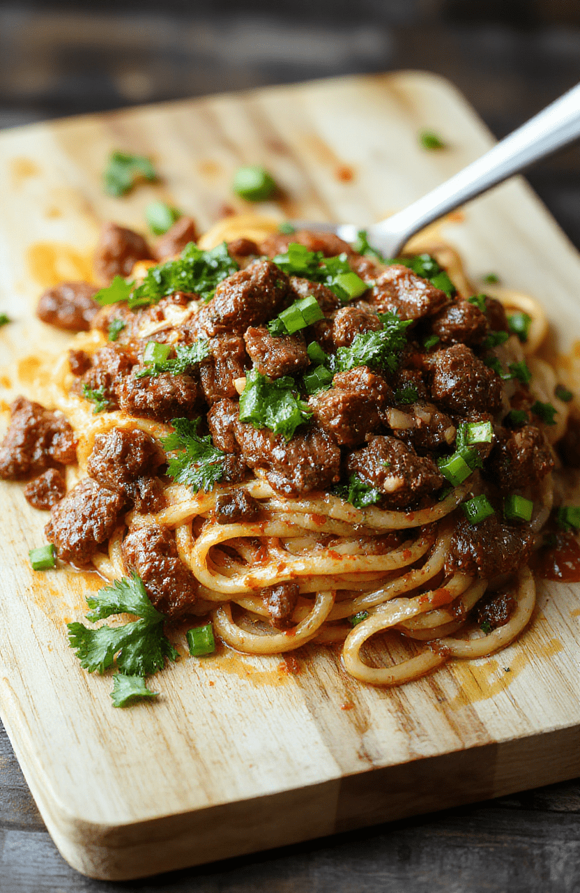 Glossy brown ground beef spaghetti tossed with al dente spaghetti in a light soy-garlic-ginger glaze, scattered with sesame seeds and sliced green onions, served in a white ceramic bowl with a lemon wedge on the side.