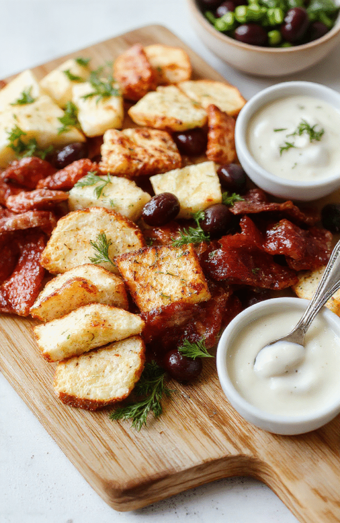 A rustic wooden board filled with neatly arranged gourmet ingredients: sliced cured meats like prosciutto and salami, colorful hard and soft cheeses such as brie and aged cheddar, dark grapes, bright red cherry tomatoes, small bowls of olives and cornichons, honey drizzle on the side, and fresh rosemary sprigs for garnish, all on a light oak cutting board in natural light.