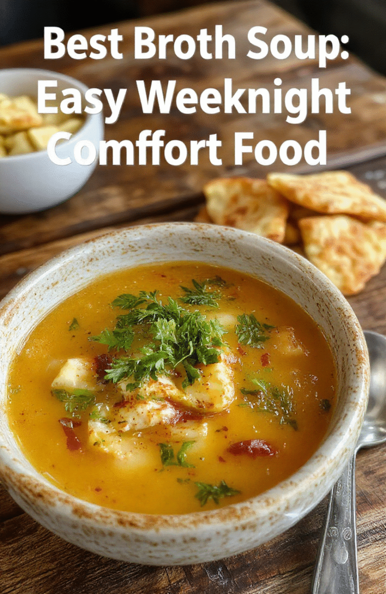 Steaming bowl of golden broth soup with tender carrots, celery, and soft pieces of chicken, garnished with fresh parsley, served in a rustic ceramic bowl on a wooden table with soft natural light and subtle steam rising.