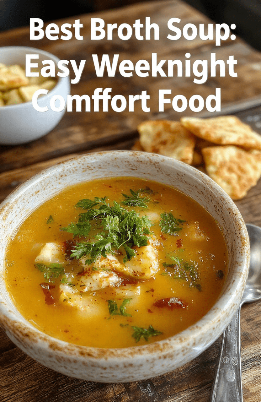 Steaming bowl of golden broth soup with tender carrots, celery, and soft pieces of chicken, garnished with fresh parsley, served in a rustic ceramic bowl on a wooden table with soft natural light and subtle steam rising.