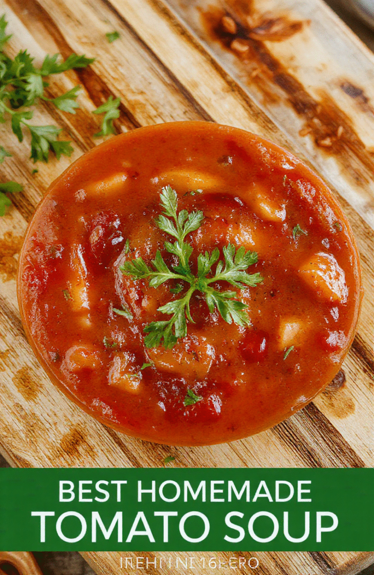 A rustic ceramic bowl filled with vibrant orange homemade tomato soup, garnished with a swirl of extra-virgin olive oil, fresh basil leaves, and a light dusting of cracked black pepper. Beside it sits a grilled cheese sandwich in perfect golden-brown triangles, slightly melted cheese peeking out. Thesoup has a thick, velvety texture with visible roasted tomato chunks and tiny flecks of garlic and thyme. Soft natural lighting highlights the rich color and steam rising from the bowl.