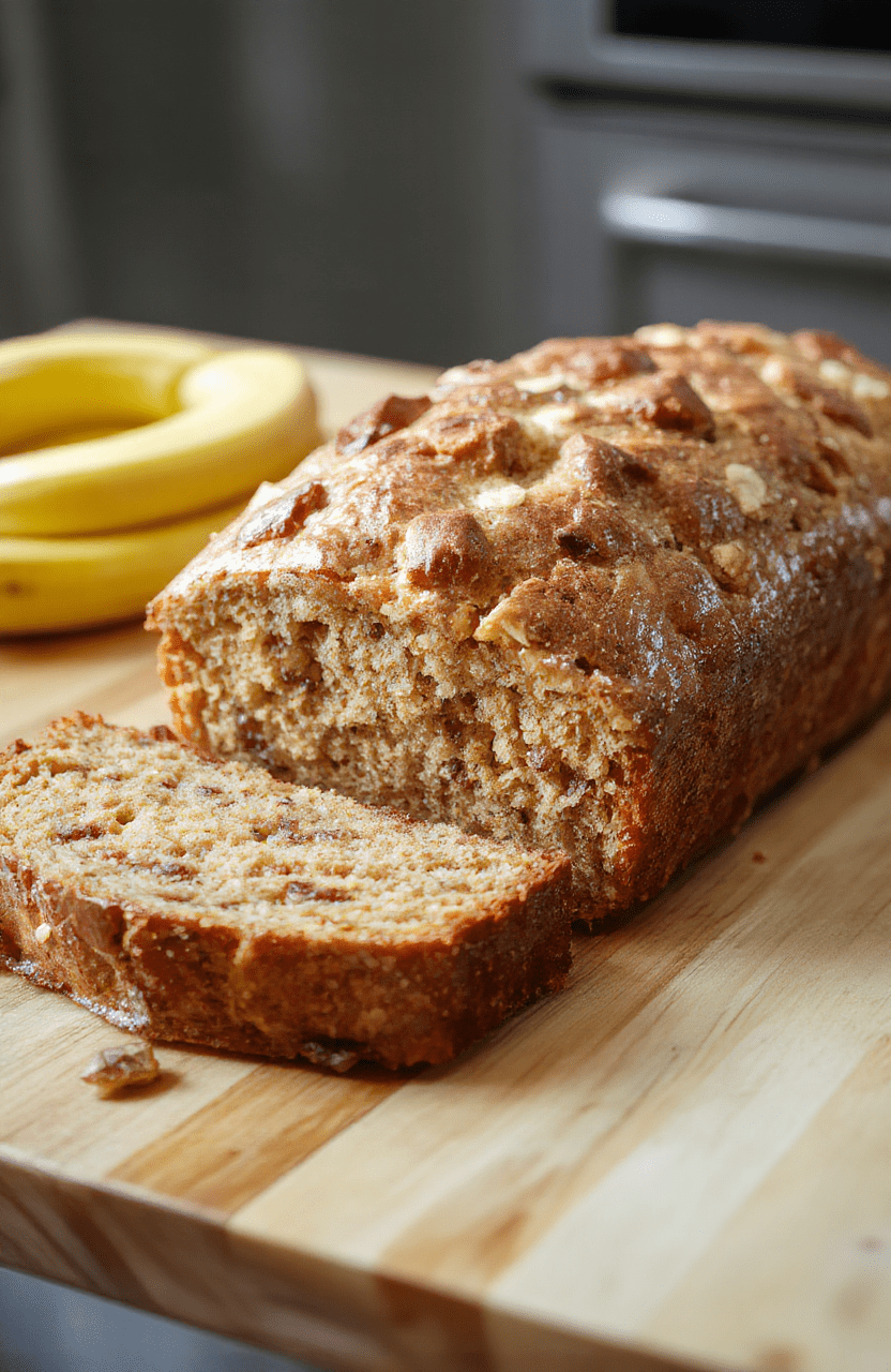 A golden-brown, slightly domed loaf of banana bread cooled on a wire rack, crust crackled and textured, fresh slices fanned beside it showing soft, moist crumb with visible banana streaks and toasted walnut flecks, dusted with powdered sugar, placed on a rustic wooden cutting board with scattered banana slices and a sprig of mint in natural daylight.