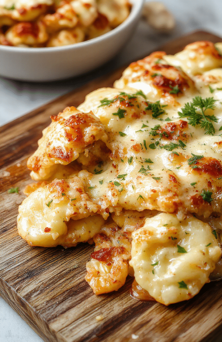 Golden-brown baked tortellini casserole in a ceramic baking dish, bubbling with melted mozzarella and parmesan, filled with ricotta and spinach, surrounded by fresh basil leaves and a drizzle of olive oil on a wooden board, warm and inviting