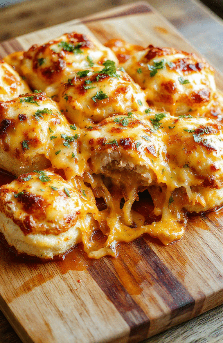 A golden-brown, flaky biscuit-topped cheesy pizza casserole baked in a deep skillet, bubbling with mozzarella and marinara sauce, topped with fresh basil, pepperoni slices, and melted cheese edges — rustic, cozy, and utterly appetizing on a wooden table.