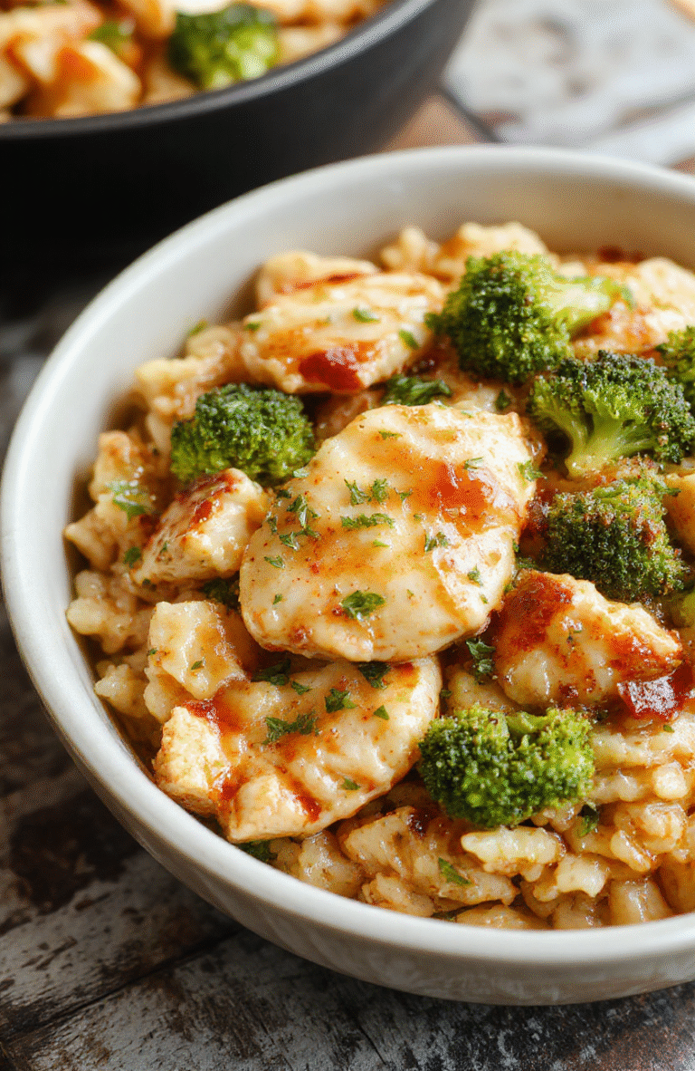 Golden-brown rice topped with tender shredded chicken, vibrant green broccoli florets, and melted cheddar cheese, all served in a rustic cast-iron skillet on a wooden table. Soft steam rises from the dish, with a drizzle of olive oil and fresh parsley Garnish nearby.