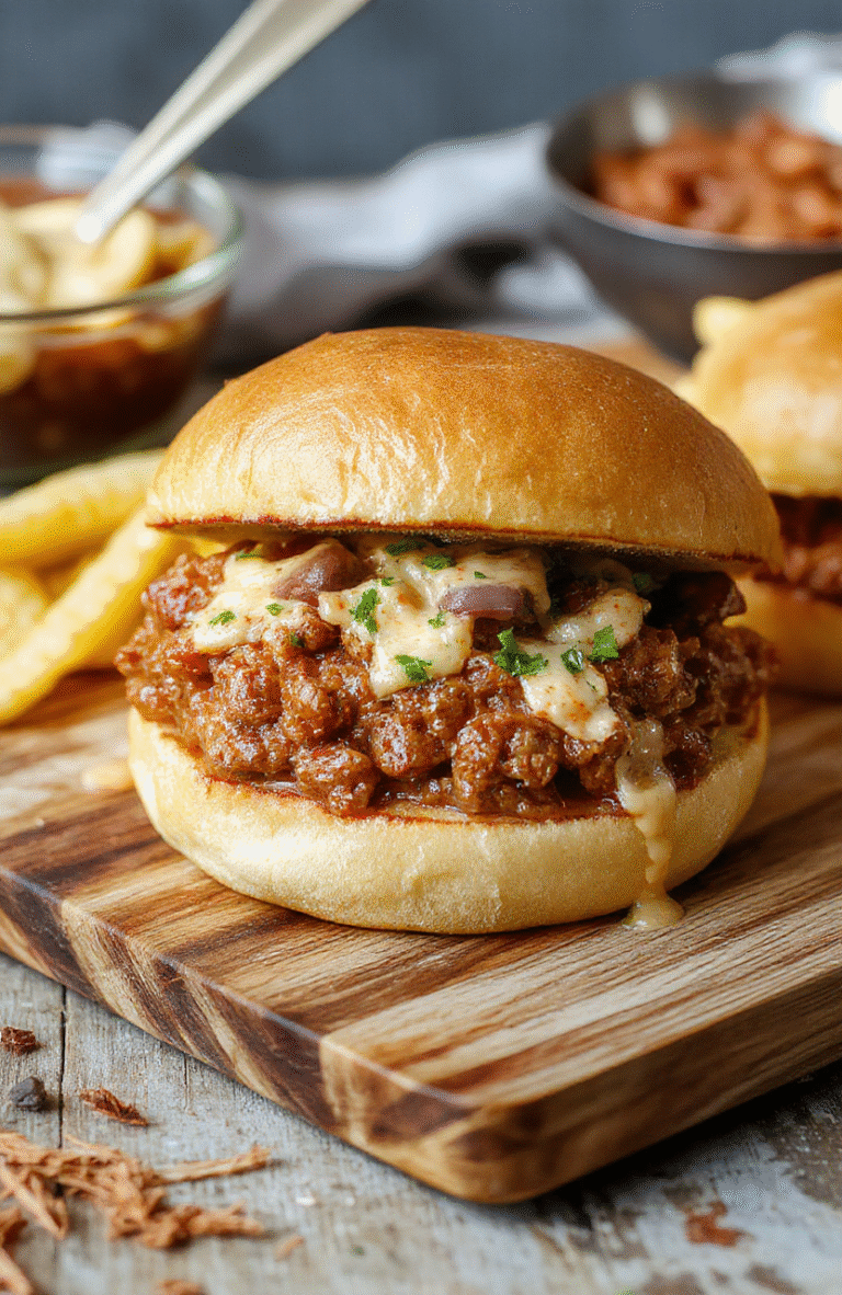 Juicy ground beef mixed with caramelized onions and garlic in a rich savory-sweet sauce, piled high on a toasted brioche bun and crowned with a melted layer of sharp cheddar cheese. Crispy edges on the meat, glossy onions glistening, steam rising, fresh parsley garnish scattered nearby.
