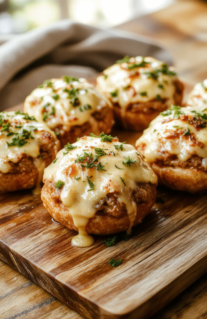 golden-brown stuffed cheeseburger bombs with melted mozzarella centers, cracked black pepper, minced garlic, and fresh parsley, dusted with grated Parmesan, served on a rustic wooden board with a side of ketchup and hot sauce