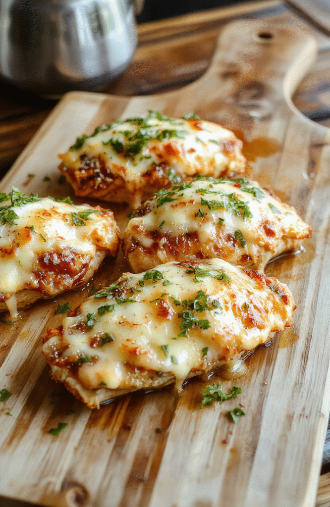 Golden-brown baked chicken breast topped with melted mozzarella and a generous sprinkle of freshly grated Parmesan, garlic butter glistening on the surface, served alongside roasted cherry tomatoes and fresh parsley, on a rustic wooden board