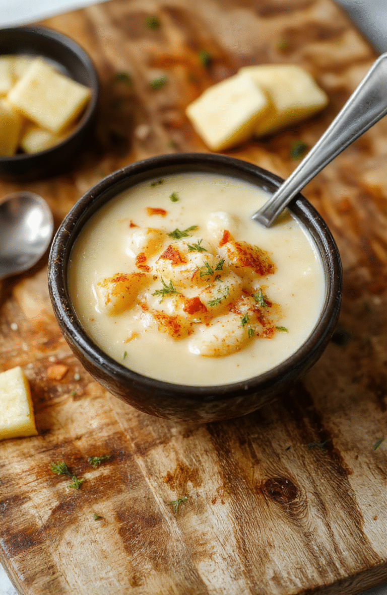 A steaming bowl of creamy cheesy hashbrown potato soup topped with melted cheddar, crispy bacon bits, green onions, and a dollop of sour cream, served in a rustic ceramic bowl on a wooden table with soft natural lighting and minimal props.