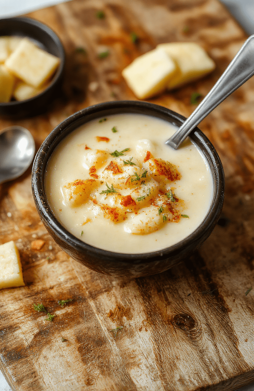 A steaming bowl of creamy cheesy hashbrown potato soup topped with melted cheddar, crispy bacon bits, green onions, and a dollop of sour cream, served in a rustic ceramic bowl on a wooden table with soft natural lighting and minimal props.