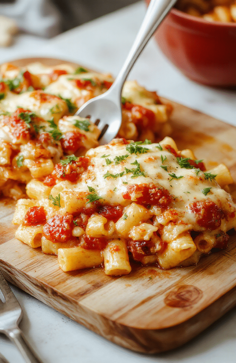 A comforting baked pasta dish with penne noodles, melted cheddar and mozzarella cheese, vibrant diced Rotel tomatoes with green chilies, and flecks of fresh parsley on top, served in a rustic ceramic bowl on a light wooden table.
