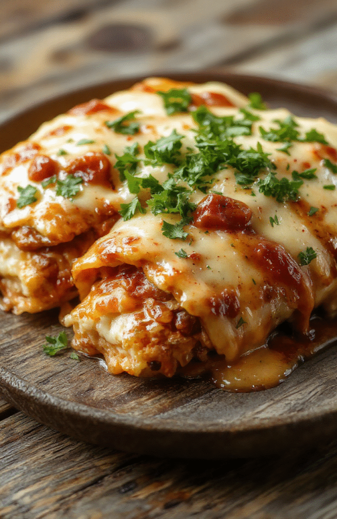 Vibrant slow cooker cheesy enchiladas served in a cast-iron skillet, overflowing with melted sharp cheddar and Monterey Jack cheese, wrapped tortillas stuffed with shredded chicken and black beans, topped with fresh cilantro, sliced radishes, and a drizzle of sour cream against a rustic wooden tabletop