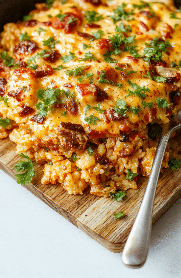 Steaming cheesy taco rice skillet served in a cast iron pan, with meltycheddar and Monterey Jack cheese on top, visible taco-seasoned ground beef, fluffy rice, black beans, diced tomatoes, and green onions. Soft melting cheese pulls when lifted with a fork. Set on a rustic wooden table with natural light and shallow depth of field.