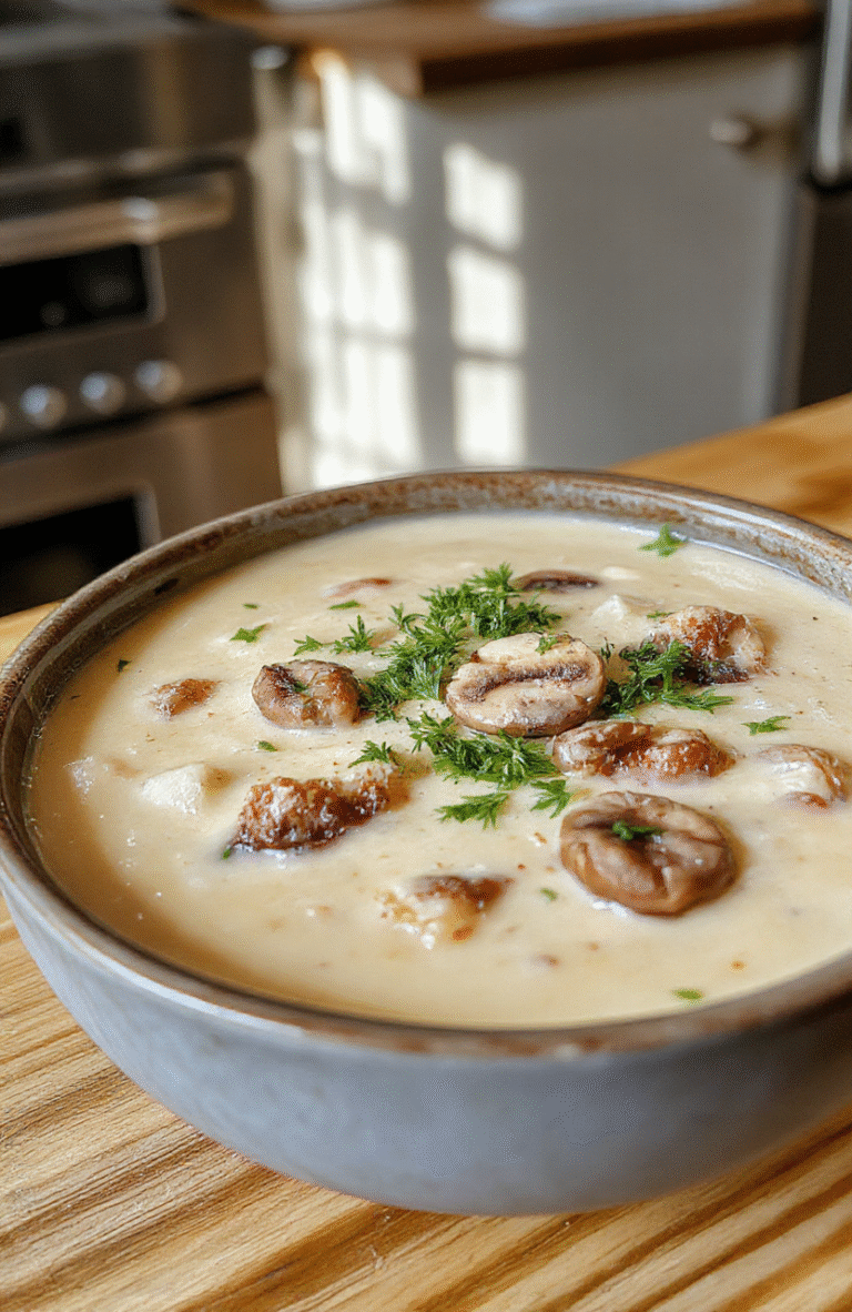Steaming bowl of rich, creamy mushroom soup garnished with fresh thyme and swirls of cream, served alongside rusted wooden spoon on a light oak kitchen counter with soft daylight casting gentle shadows.