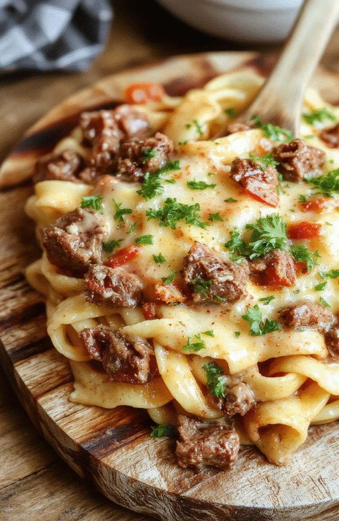 A steaming bowl of creamy beef pasta with tender strips of beef, al dente pasta, and a rich golden cream sauce topped with fresh parsley and cracked black pepper, served on a rustic wooden board with soft natural lighting and shallow depth of field.