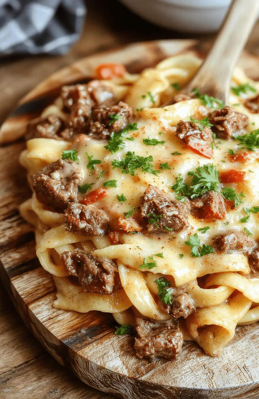 A steaming bowl of creamy beef pasta with tender strips of beef, al dente pasta, and a rich golden cream sauce topped with fresh parsley and cracked black pepper, served on a rustic wooden board with soft natural lighting and shallow depth of field.