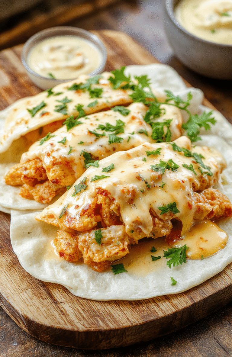 Neon-green salsa drizzled with sriracha, served with freshly grilled chicken strips wrapped in warm flour tortillas, garnished with shredded cheddar, fresh cilantro, and lime wedges on a rustic wooden board with subtle steam rising.