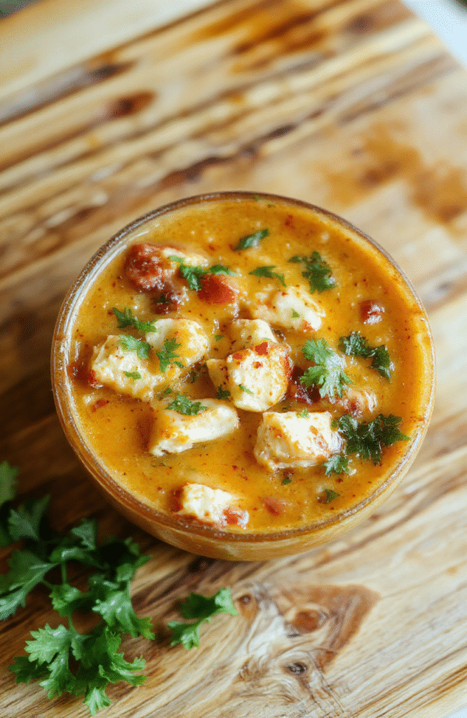A rustic ceramic bowl filled with creamy, vibrant orange chicken enchilada soup, topped with shredded Monterey Jack cheese, fresh cilantro, avocado slices, and a drizzle of sour cream. Steam rises gently from the surface, and a few tortilla strips cascade over the rim.