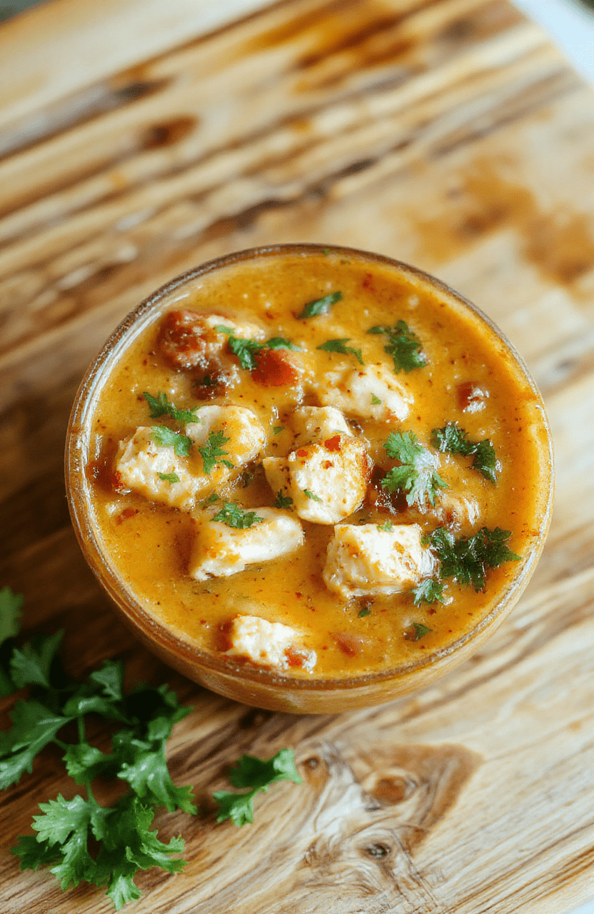 A rustic ceramic bowl filled with creamy, vibrant orange chicken enchilada soup, topped with shredded Monterey Jack cheese, fresh cilantro, avocado slices, and a drizzle of sour cream. Steam rises gently from the surface, and a few tortilla strips cascade over the rim.
