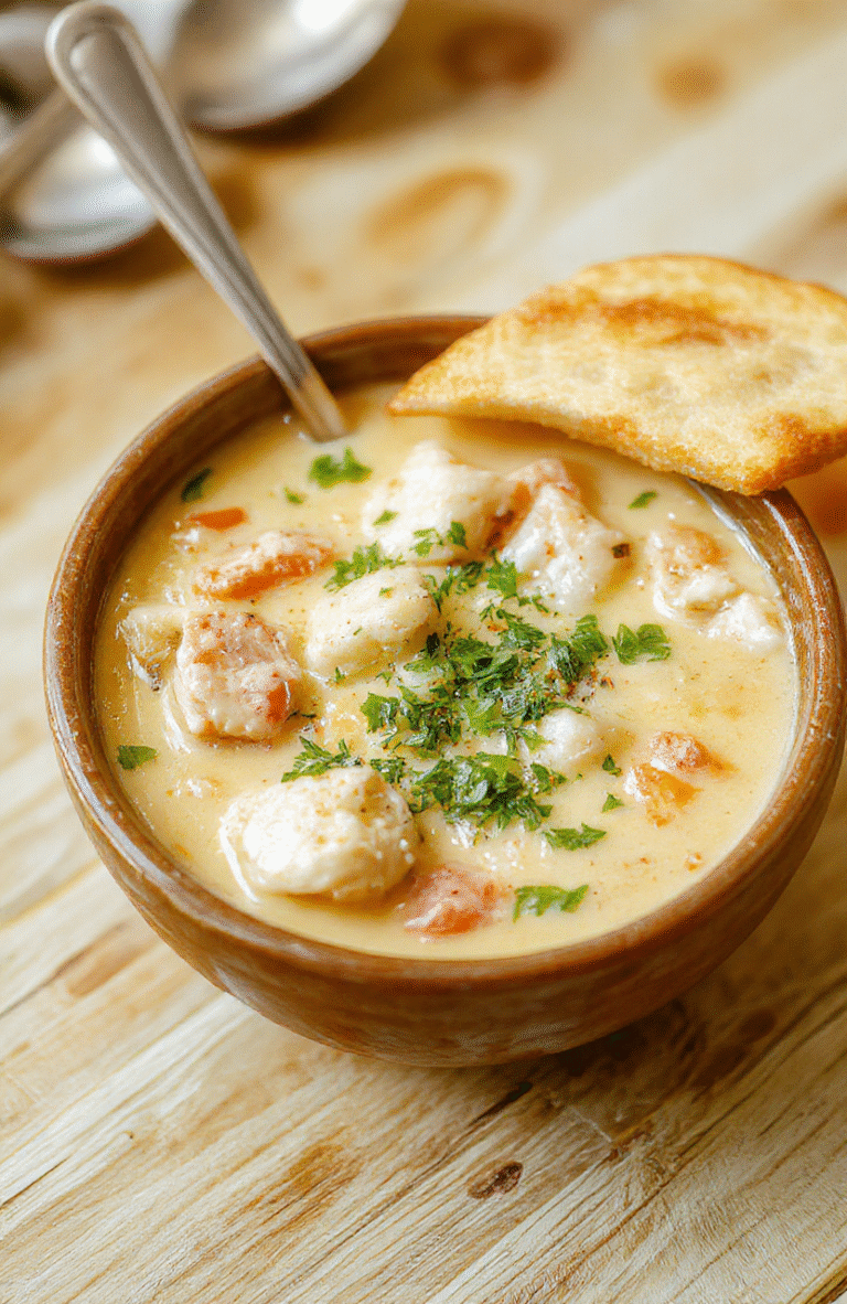 A steaming bowl of creamy chicken noodle soup with tender chicken pieces, long egg noodles, and soft carrots and celery floating in a rich, pale golden broth, garnished with fresh parsley and a drizzle of olive oil, served in a rustic white ceramic bowl on a light wooden table with soft natural light