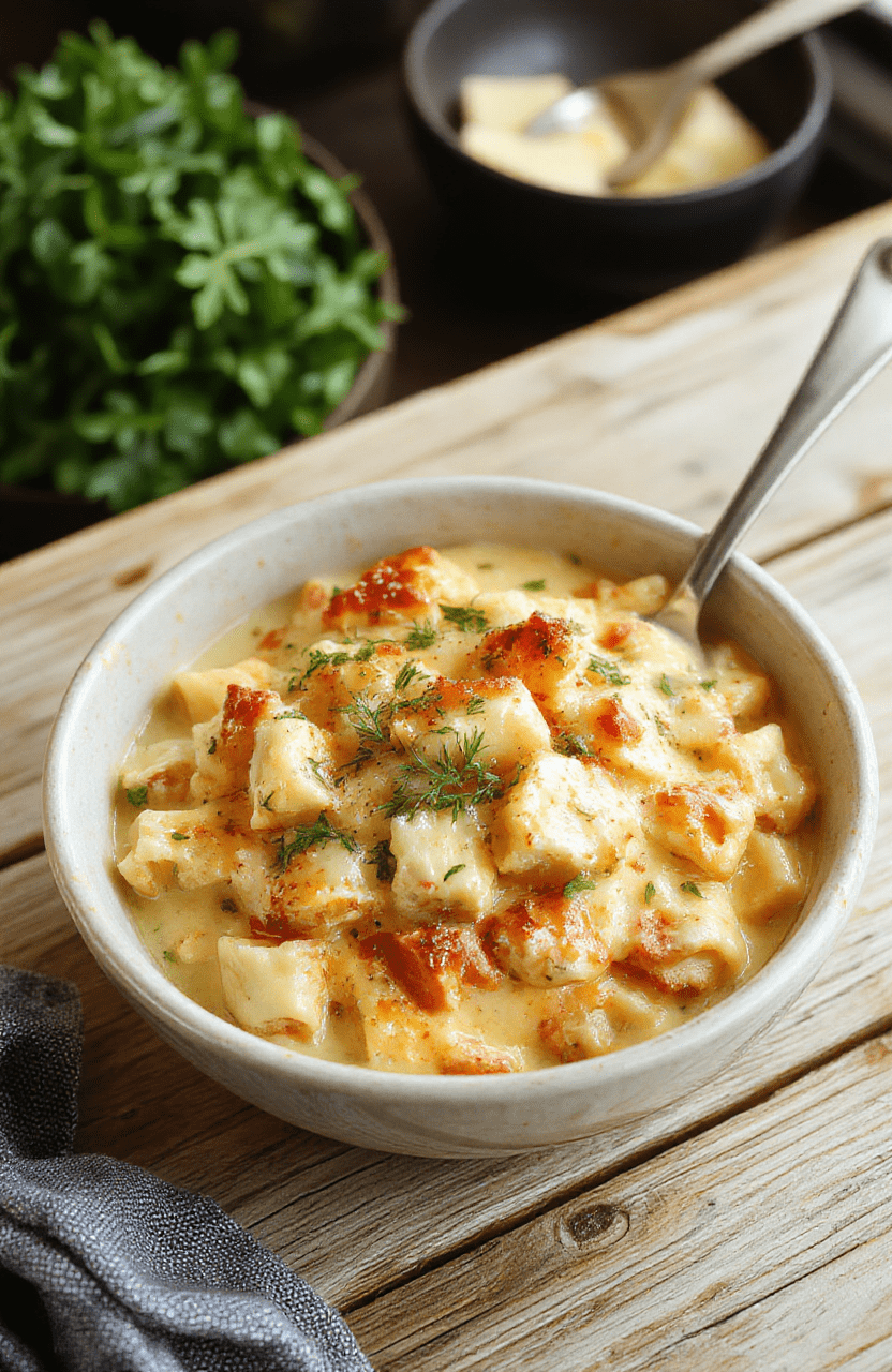 A steaming bowl of creamy chicken pot pie pasta with tender chicken pieces, soft pasta, peas, carrots, and a rich golden cheese-infused sauce, garnished with fresh parsley and served on a rustic wooden board.