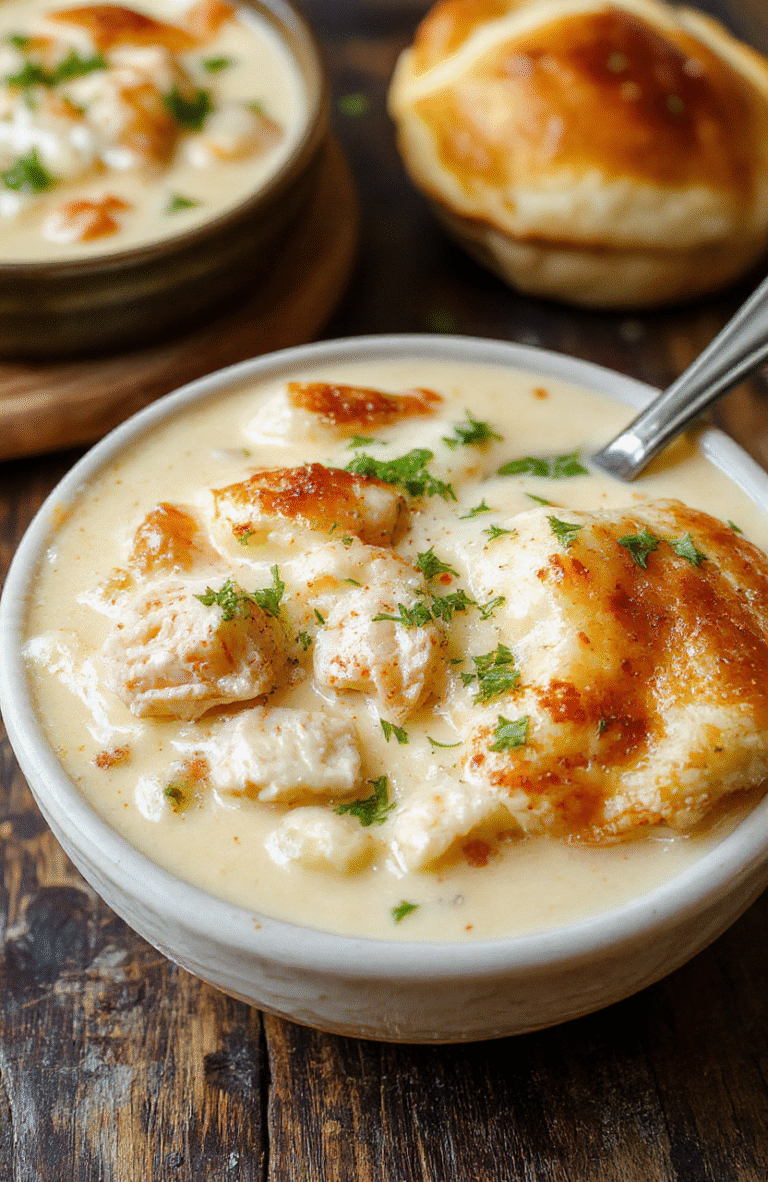 A rustic ceramic bowl filled with rich, creamy chicken pot pie soup, topped with flaky pastry crumbles, fresh green herbs, and colorful vegetables like carrots, peas, and potatoes; steam rises gently from the soup under soft natural light.
