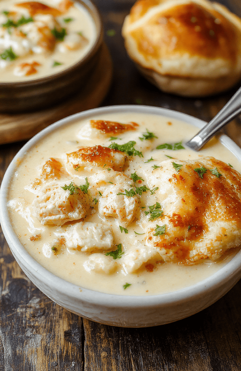 A rustic ceramic bowl filled with rich, creamy chicken pot pie soup, topped with flaky pastry crumbles, fresh green herbs, and colorful vegetables like carrots, peas, and potatoes; steam rises gently from the soup under soft natural light.