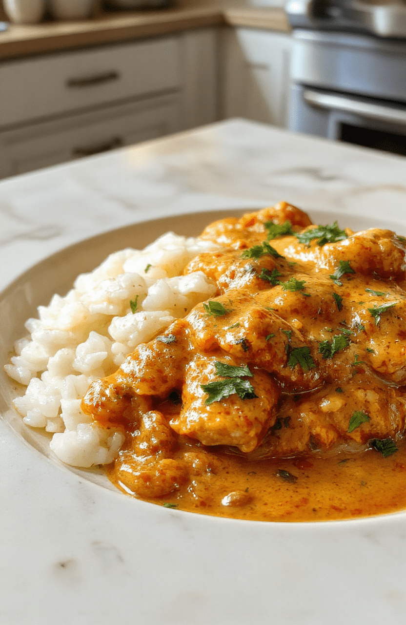 Rich, creamy tomato-based chicken tikka masala served in a shallow white bowl, garnished with fresh cilantro and a drizzle of cream, resting on a rustic wooden cutting board with basmati rice piled nearby, warm golden lighting, vibrant red and orange sauce contrast against the white bowl and earthy wood tones.