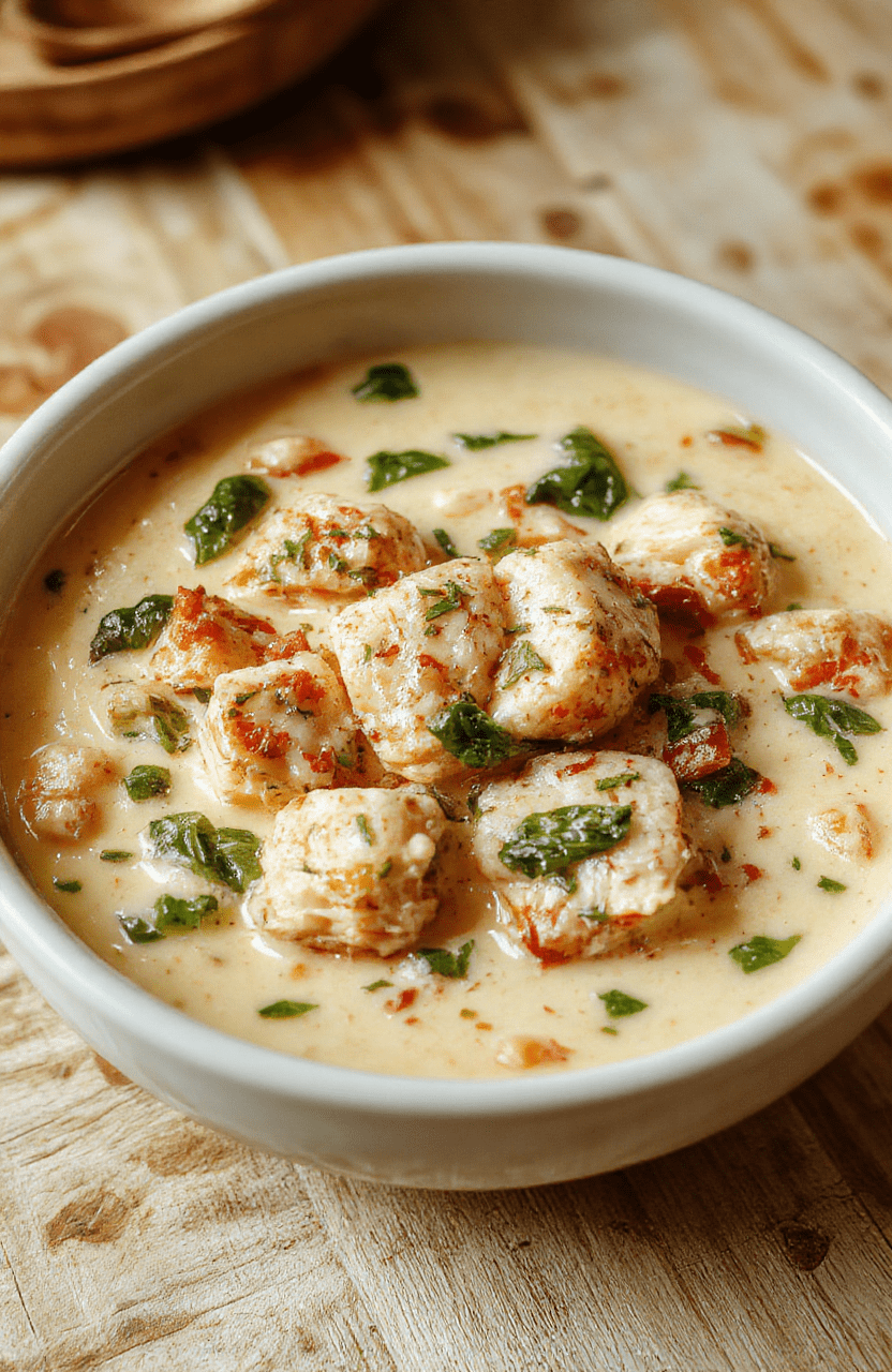 A steaming bowl of creamy chicken and spinach soup with tender shredded chicken, vibrant green spinach leaves, and small pieces of hidden carrots and celery, garnished with fresh parsley and a drizzle of olive oil, served in a rustic ceramic bowl on a wooden table