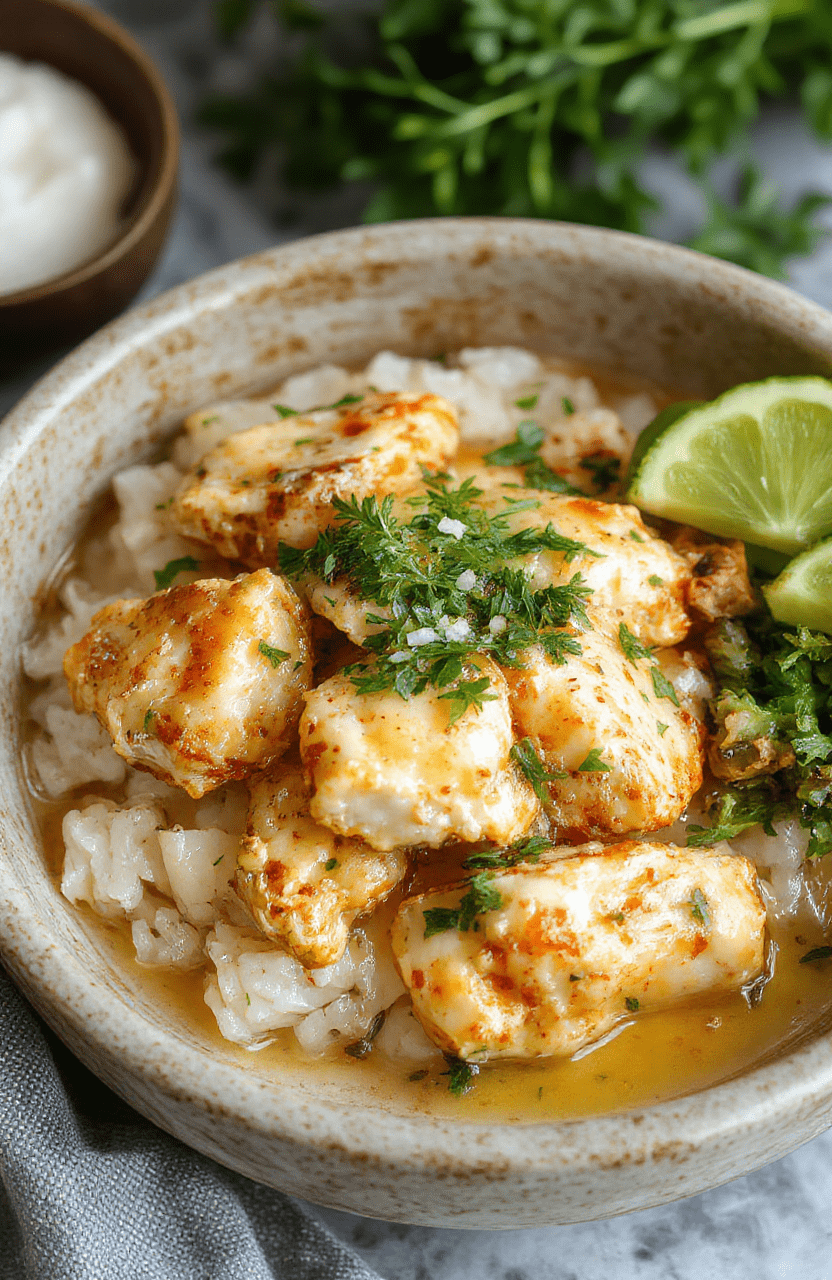 A rustic ceramic bowl filled with tender, golden-brown chicken pieces in thick, ivory-colored coconut curry sauce, garnished with fresh cilantro and sliced green onions, served over steamed jasmine rice. Visible toasted coconut flakes and a drizzle of lime juice on top. Background is a sunlit wooden kitchen counter with soft shadows.